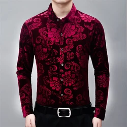 High-End Floral Carving Shirts For Men Long Sleeve Luxury Casual Spring New Fashion Quality Velvet Easy Care Chemise Homme M-4XL