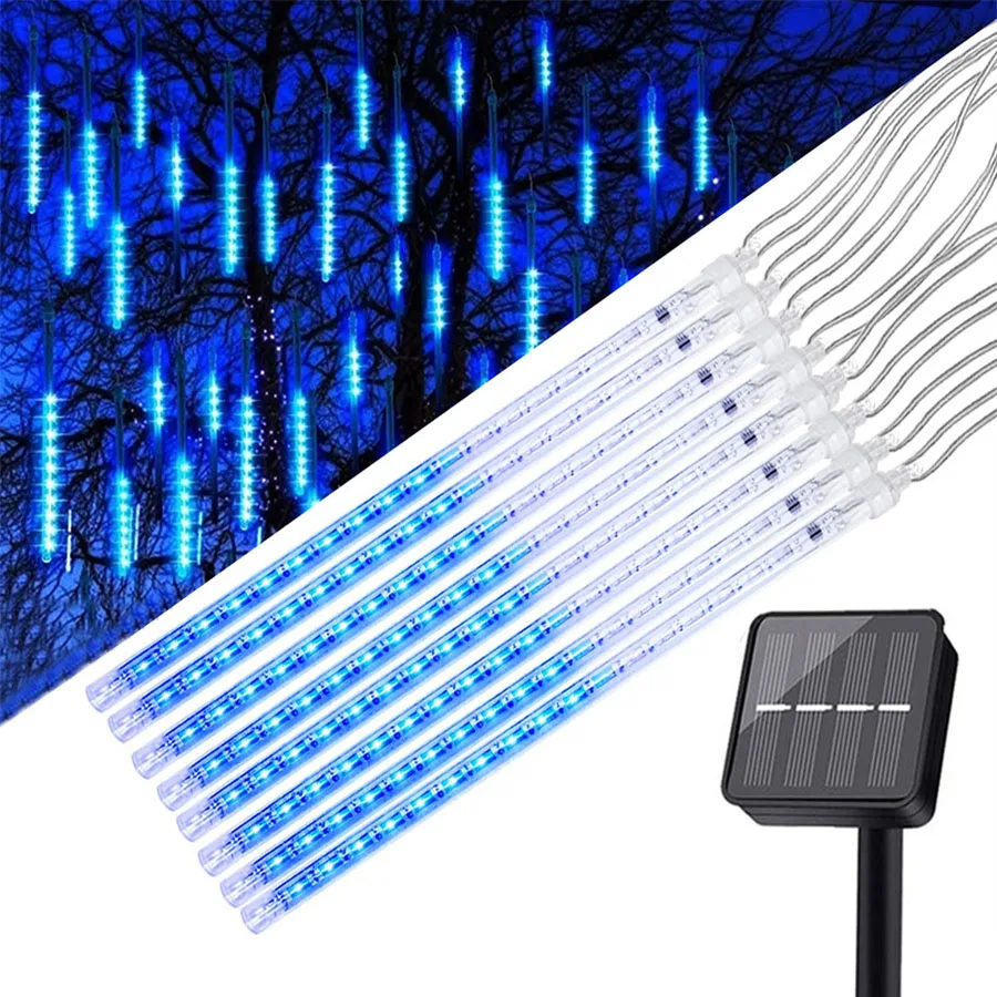 Solar led string luz guirlanda 8 tubos solar chuva chuva chuva queda ao ar livre luz de natal para jardim árvore telhado