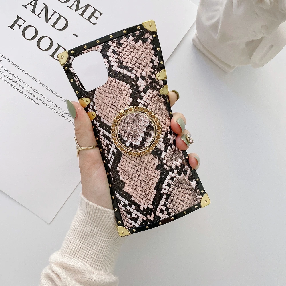 Snake skin pattern for iPhone 15 15Promax 14Pro 13Promax 13Pro 12 12Promax 11 16 16Pro square soft back cover with ring Bracket