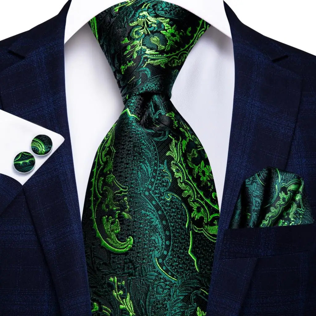 Men Green Ties Floral Tie Paisley Silk Necktie Pocket Square Set for Party Business Emerald Ties Gift Wholesale Hi-Tie SN-3206