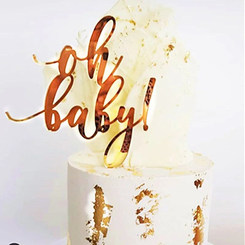 Ins Oh Baby Happy Birthday Cake Topper Rose Gold Acrylic Wedding Party Cake Topper for Baby Shower Gift Cake Dessert Decoration