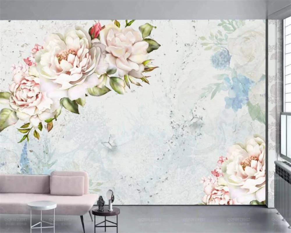 Customized size wallpaper hand-painted peony flower pastoral mural pink blue retro flower decoration painting 3d wallpaper