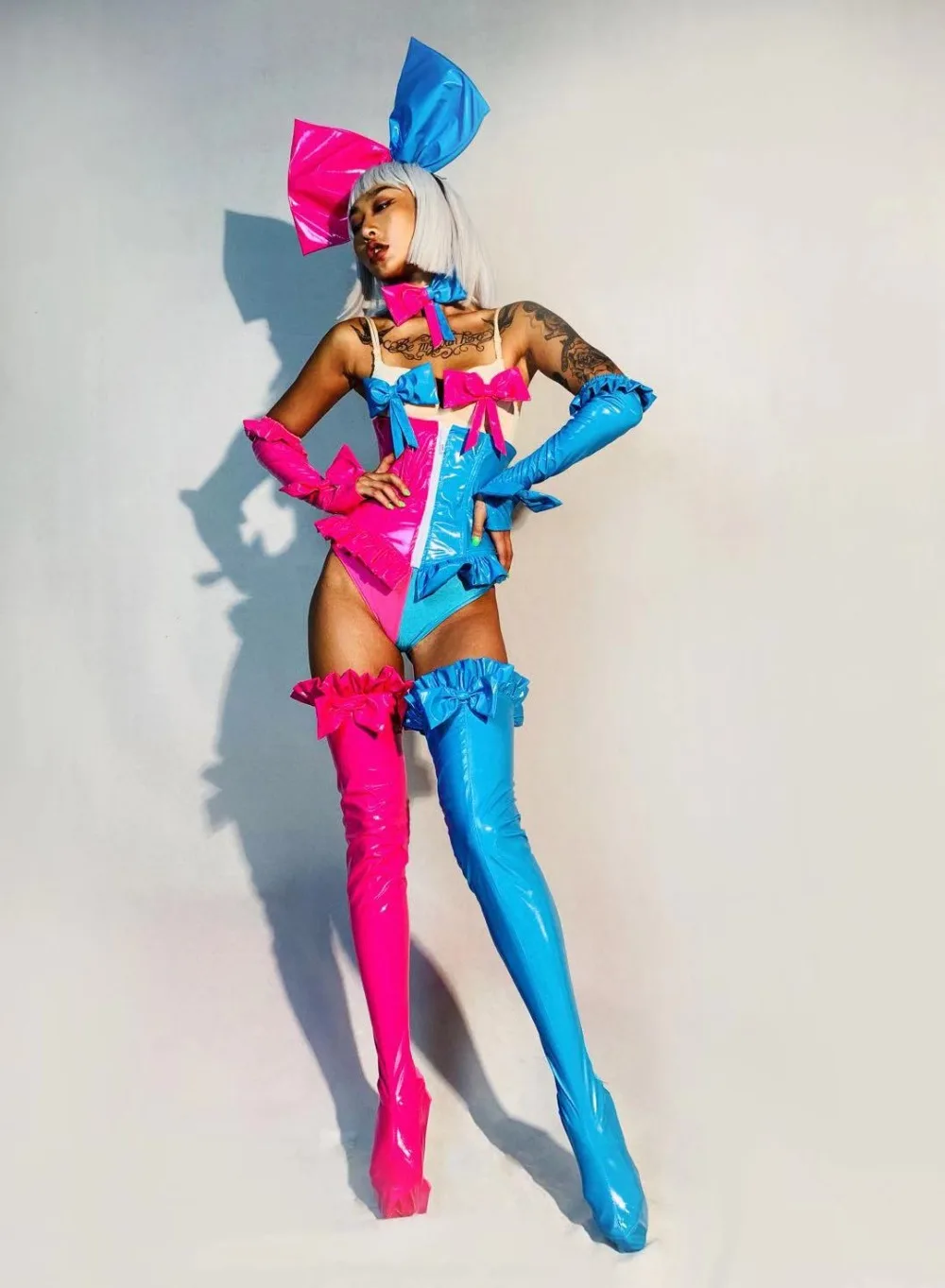 Leggings Gloves Headdress Outfit Pink Blue Splicing Bodysuit Dance Team Show Stage Wear