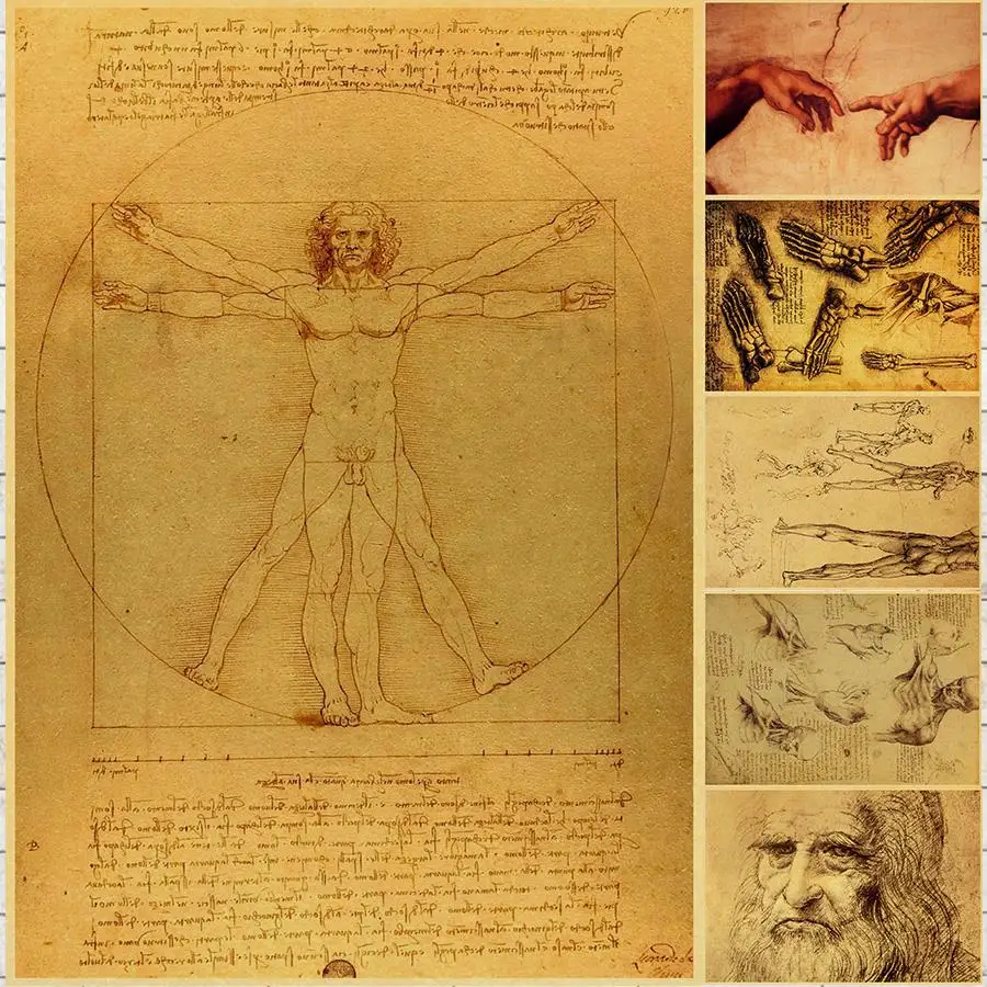 

Leonardo Da Vinci Manuscript Vitruvian Man Posters Nostalgic Retro Decorative Printed Painting Core Kraft Paper Wall Stickers