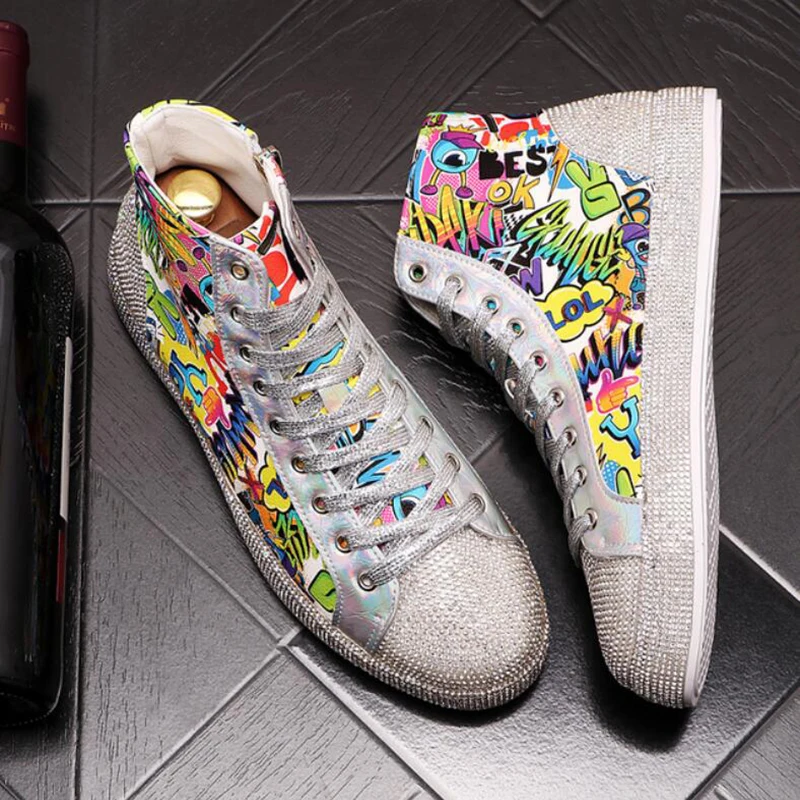 New Rhinestone Print men's casual shoes Hip Hop punk High Top sneakers Casual sneakers Zapatillas Hombre A6