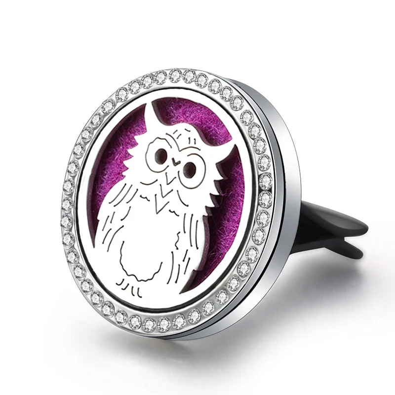 Fashion Zircon Car Air Freshener Stainless Steel Aroma Essential Oil Diffuser Perfume Locket Car Pendant Owl Car Air Outlet Clip