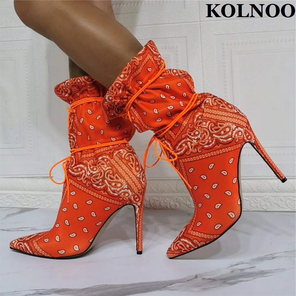 

Kolnoo New Ethnic Style Womens High Heel Boots Cross Shoelace Pointed-Toe Real Pictures Ankle Boots Classic Fashion Party Shoes