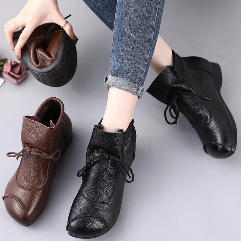 Booties Woman 2024 Soft Plush Ankle Boots for Women Fashion Lace up Autumn Shoes Wedge Heel Female Boot Leather Platform Shoes