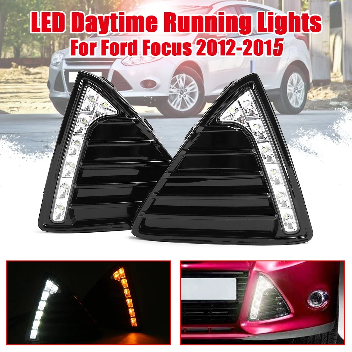 

Pair LED Daytime Running Light Fog Lamp DRL Turn Signal For Ford Focus