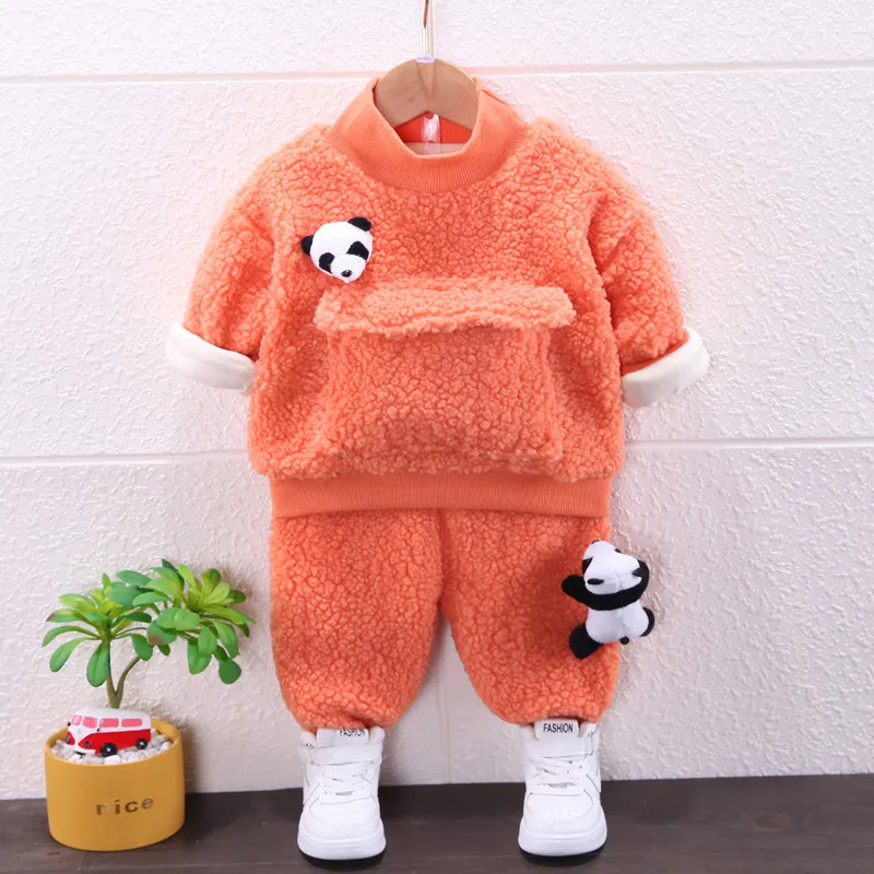 Fashion Lamb Wool Clothes Suit Baby Girls Boys Fleece Padded Coats+Pants 2Pcs Kids Panda Cartoon Outfits Children Clothing Sets