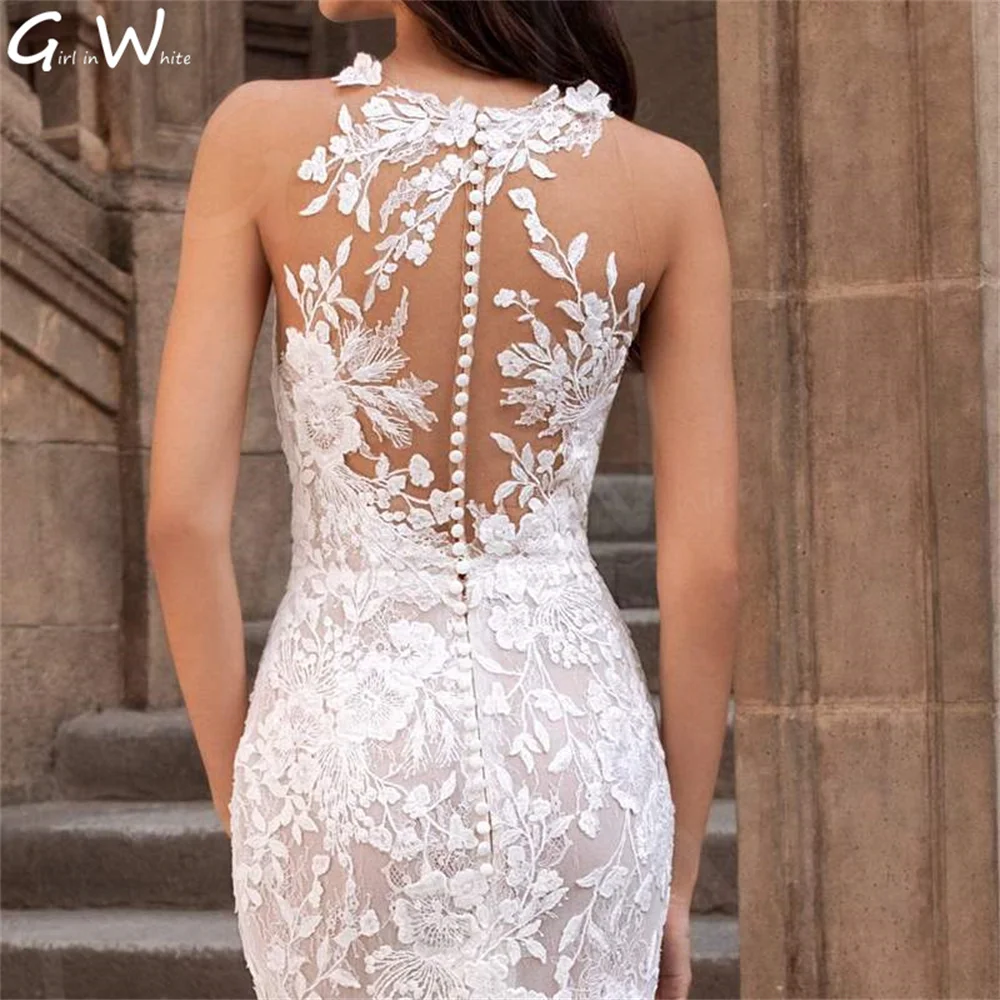 Volle Körper Spitze Appliques Hochzeit Kleid Meerjungfrau Halfter Neck Braut Roben Gericht Zug Braut Kleider Illusion Zurück Vestido De Noiva