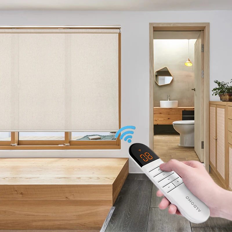 CASAYA Electric linen roller blinds blackout breathable window curtains remote control lifting for office meeting room