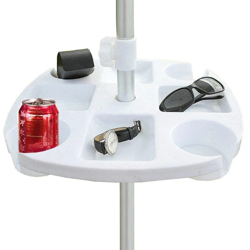 Plastic Beach Umbrella Table Tray with Hanging Hook, White Cup Holder, Compartments, Beach Patio Garden