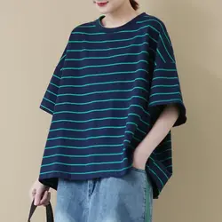 Summer Women's Striped T-Shirts Loose All-Match Classical Casual Harajuku Simple Pullover O-Neck Cotton Short Sleeve Tees Tops