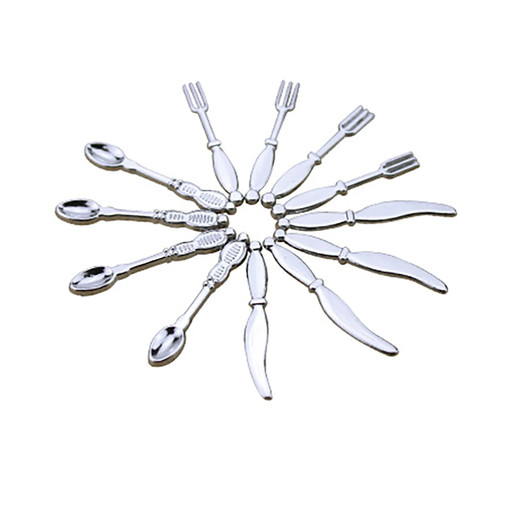 12Pcs 1/12 Dollhouse Miniature Accessories Mini Metal Knife Fork Spoon Simulation Tableware Model Toys for Doll House Decoration