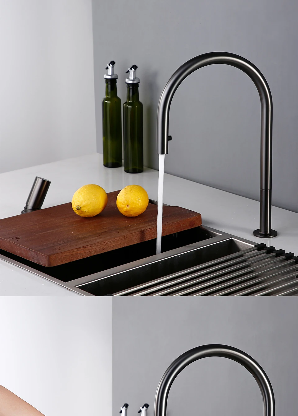 Pull Down Kitchen Sink Faucet Brushed Gunmetal Black Single Handle Double Hole Hot And Cold Sprayer Brass Countertop Mounted