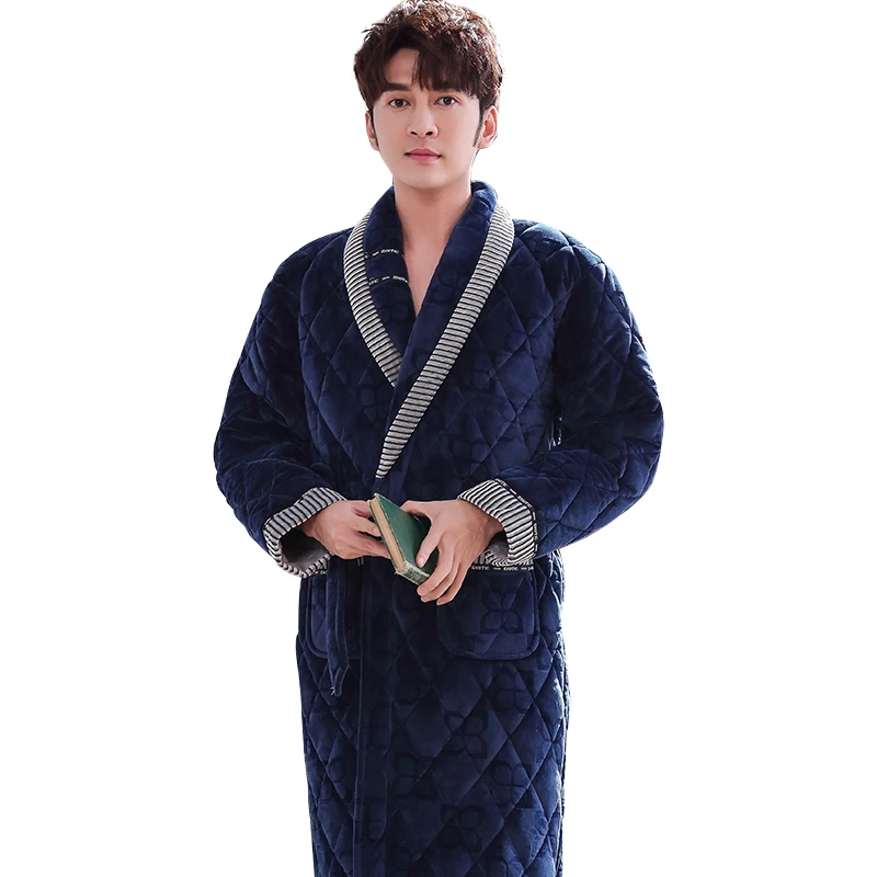 Men Casual Stripe Splicing Kimono Bathrobe Autumn Winter Flannel Quilted Long Robe Thick Warm Sleepwear Big Yards 3XL Nightgown