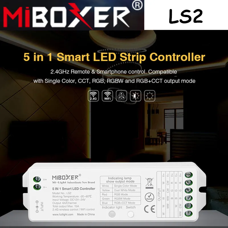 

Умный контроллер для светодиодных лент Miboxer LS2 5 в 1, дистанционное управление со смартфона, 2,4 Гц, совместимая светодиодсветильник лента CCT, RGB,RGBW,RGB + CCT