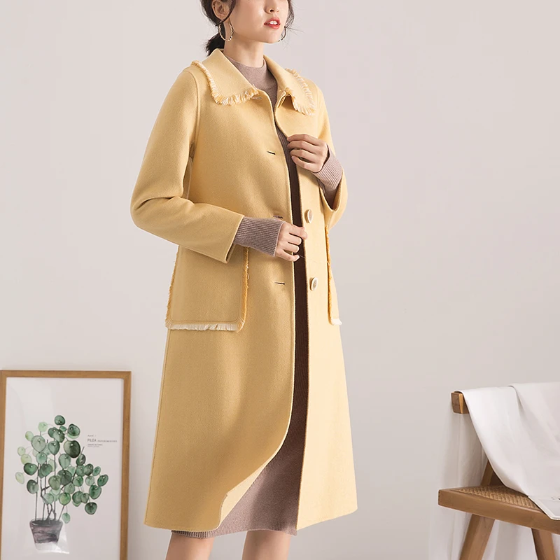 

Long Wool Coat Women Korean Double-sided Wool Jacket Spring Autumn Yellow Elegant Ladies Coats Casaco Feminino HD9005 KJ6055