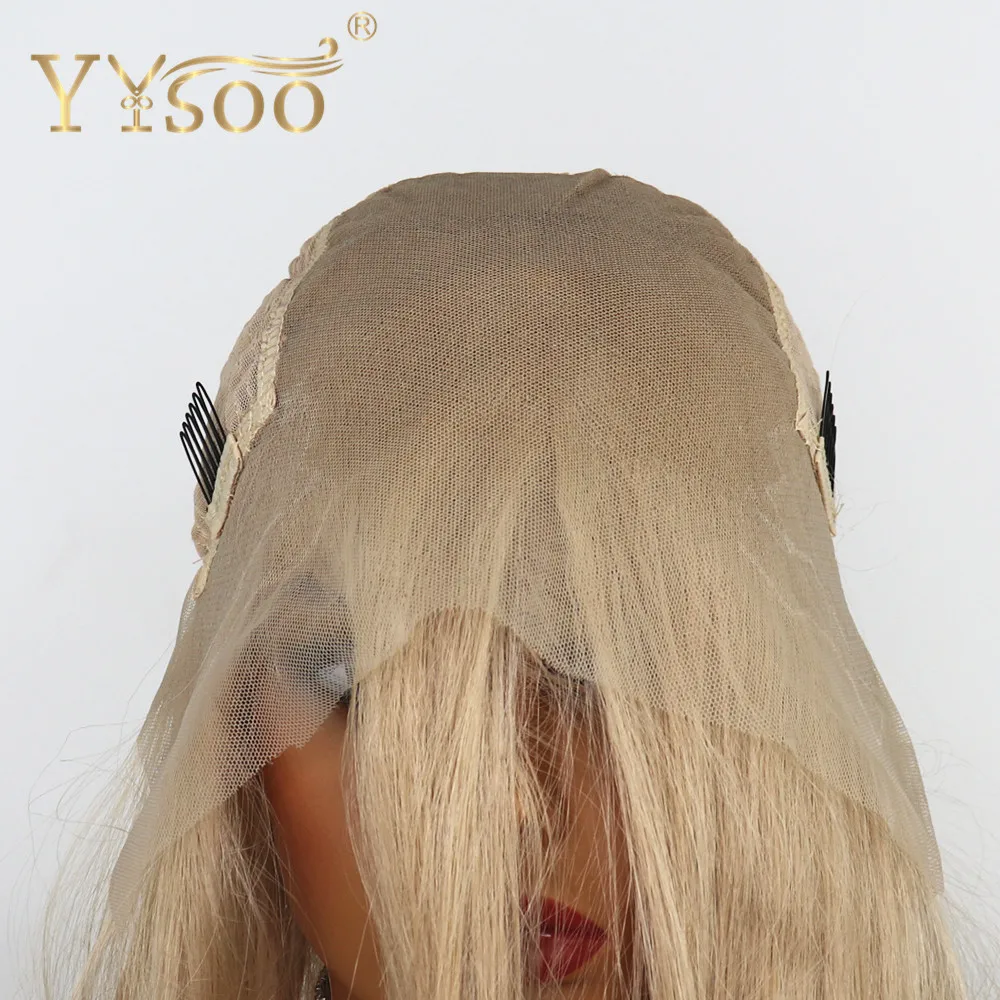 Yysoo 13X6 Synthetische Lace Front Pruik Korte Golf Blonde Lijmloze Pruik Futura Japan Hittebestendige Vervanging Pruik 103 Kleur 14inch