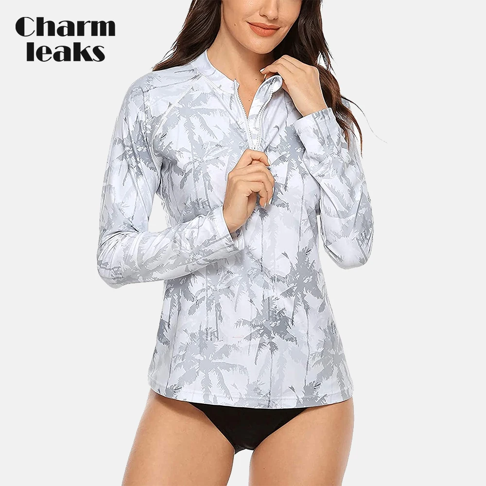 Charmleaks Women's Rashguard Top Long Sleeves Zip Front Swim Shirt Sun Protection UPF 50+ Floral Print