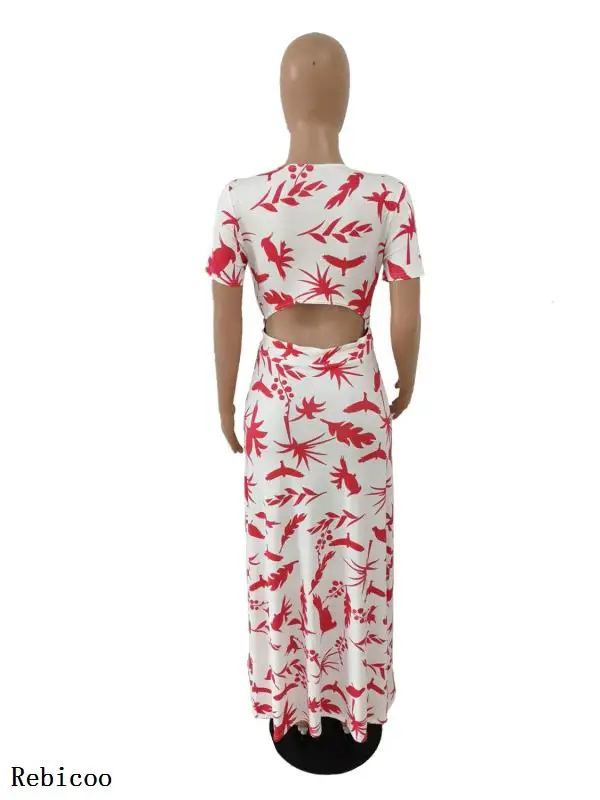 Vrouwen Nieuwe Zomer Print Tie Up V-hals Korte Mouw Uitsnede Taille Slanke Maxi Jurk Sexy Beach Party Club Lange jurken Rebicoo