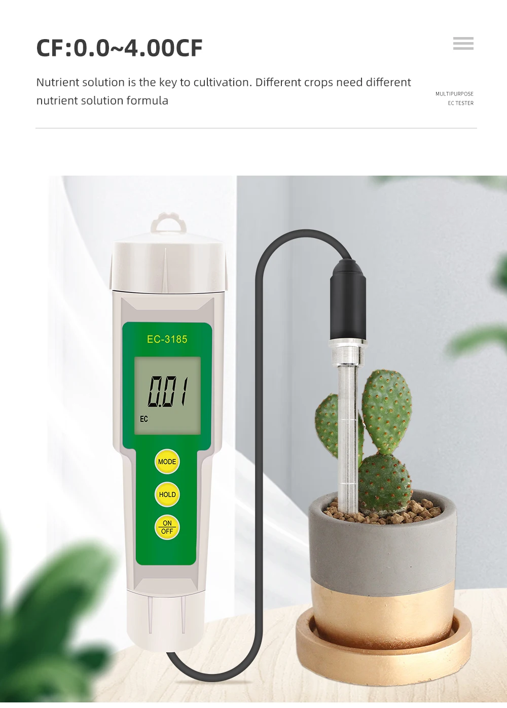 EC-3185 Waterproof EC/TDS/CF Soil Tester Soil Meter with High Quality Probe for Greenhouse Cultivation Horticulture Cultivation