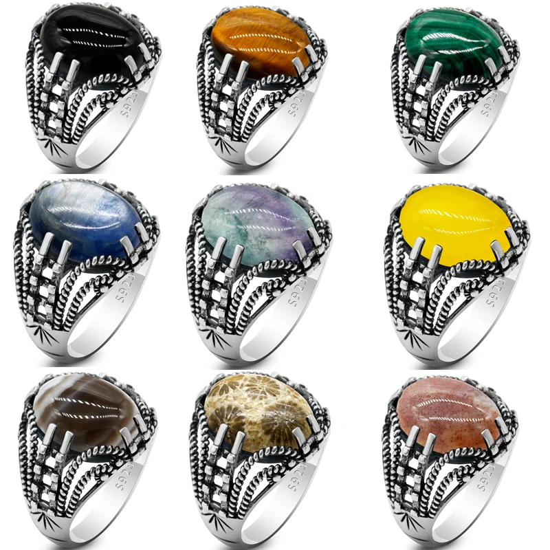 Solid 925 Sterling Silver Men Ring Natural Aqeeq/Onyx Multiple Stone Generous Design Sunflower Mysterious Wedding Men's Ring