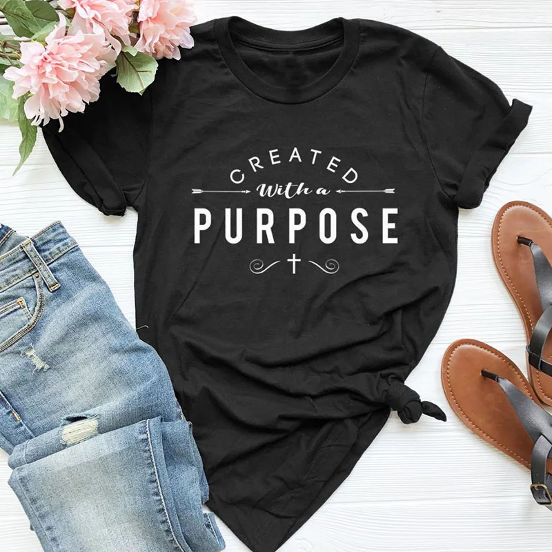 Created With A Purpose Cross Printed T-shirt Vintage O-Neck Christian Religion Tshirt Unisex Women Graphic Tee Top Drop Shipping