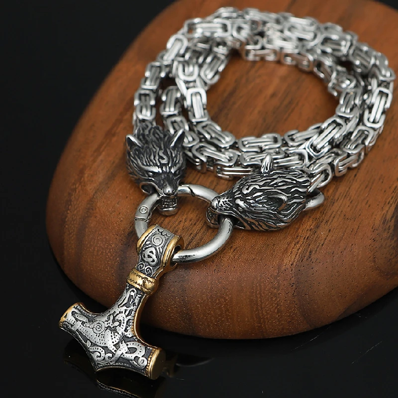 Dropshipping Stainless Steel Wolf head Necklaces Men Norse Thor's Hammer Mjolnir Pendant Scandinavian King Chain Viking Jewelry