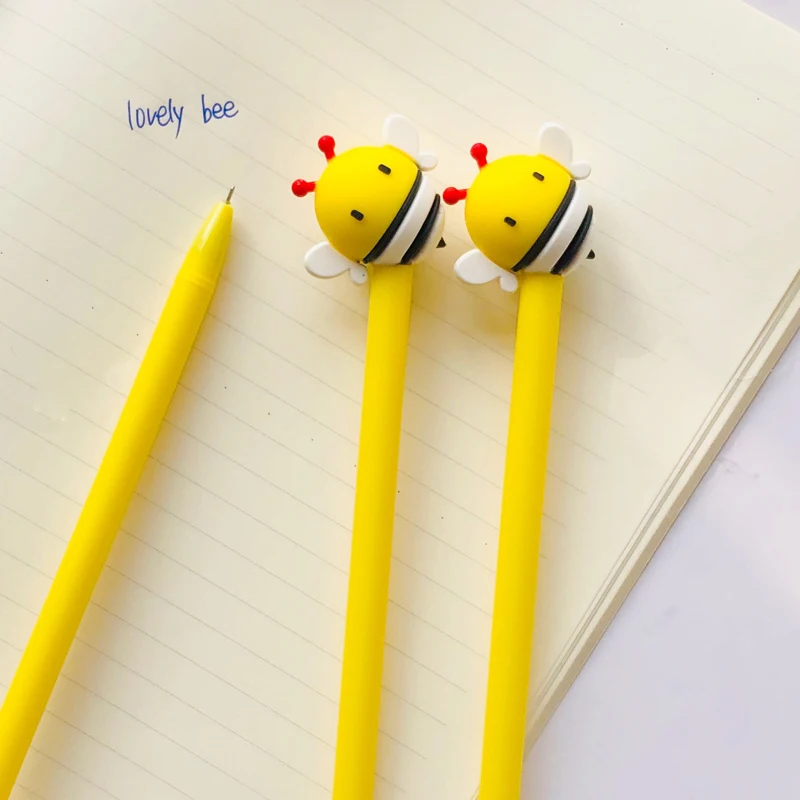2pcs Cute Yellow Bee Silicone Doll Gel Pen Student Stationery School Office Supply Blue Ink image 2