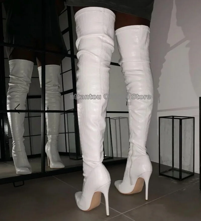 

Fashion White Croc Print Thigh High Stiletto Boots Women Pointed Toe Over The Knee Thin High Heeled Night Club Boots Woman