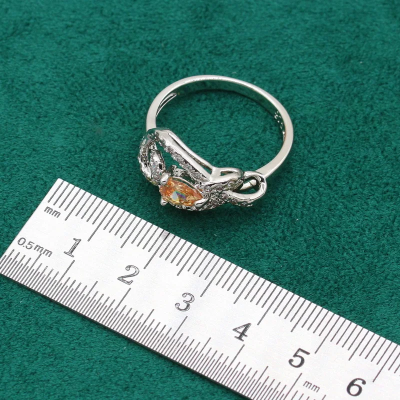 Silver Color Jewelry Set for Women Wedding Unique Champagne Zircon Bracelet Pierced Earrings Necklace Ring Gift Dubai