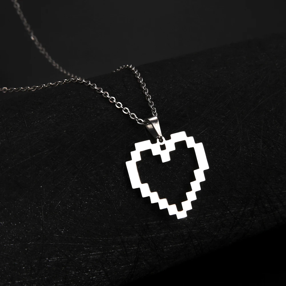 Skyrim Trendy Mosaic Heart Necklace for Women Girls Stainless Steel Choker Clavicle Necklaces Pixel style Jewelry Gifts New