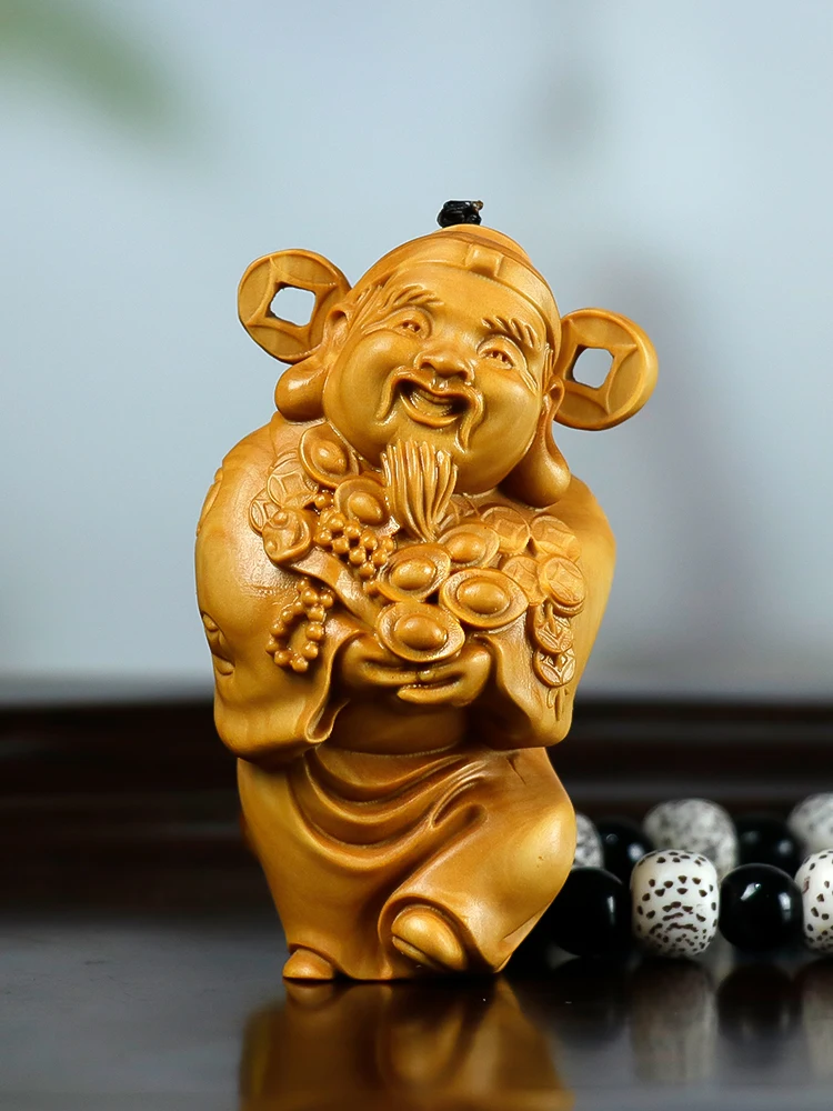 6.8X4X3 CM Wealthy Man Buddha Pendant Hand Carved Boxwood Figurine Carving God of Wealth Netsuke Feng Shui Sculpture - #W098