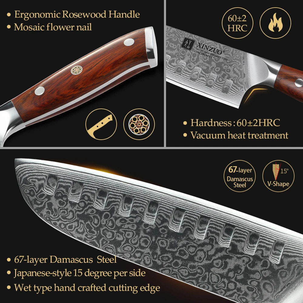 XINZUO 7\'\' Inch Santoku Kitchen Knives 67 Layers Damascus Steel Chef Knife Rosewood Handle Dealing With Meat Fruit Vegetables