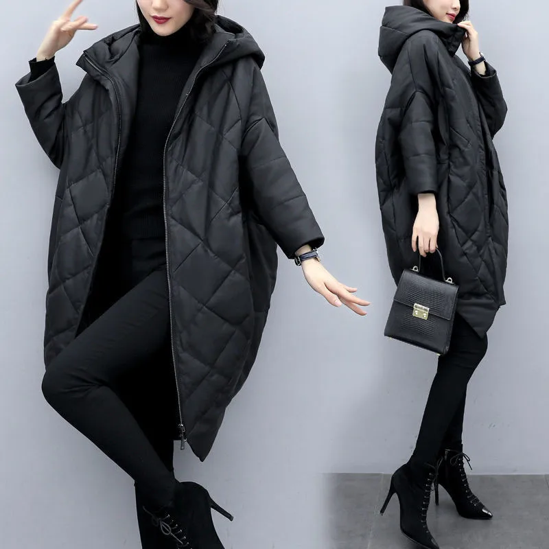 Cocoon-type Cotton Padded Jacket 2021 New Winter Large Size Mid-length Parkas Coat Female Loose Pu Leather Cloak Jacket Black