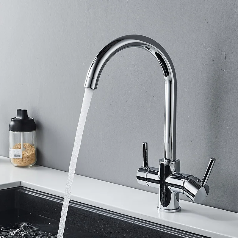 ROVADE 3 way Filter Kitchen Faucet, Brass Torneira Sink Mixer Tap 360 Rotation with Water Purification Features Kitchen Crane