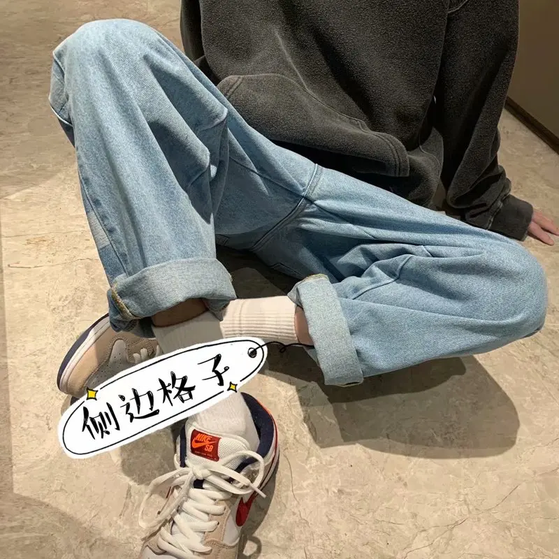 2021 spring new plaid jeans menmen's loose straight men's check trend mid Waist Wide Leg Capris jeans men