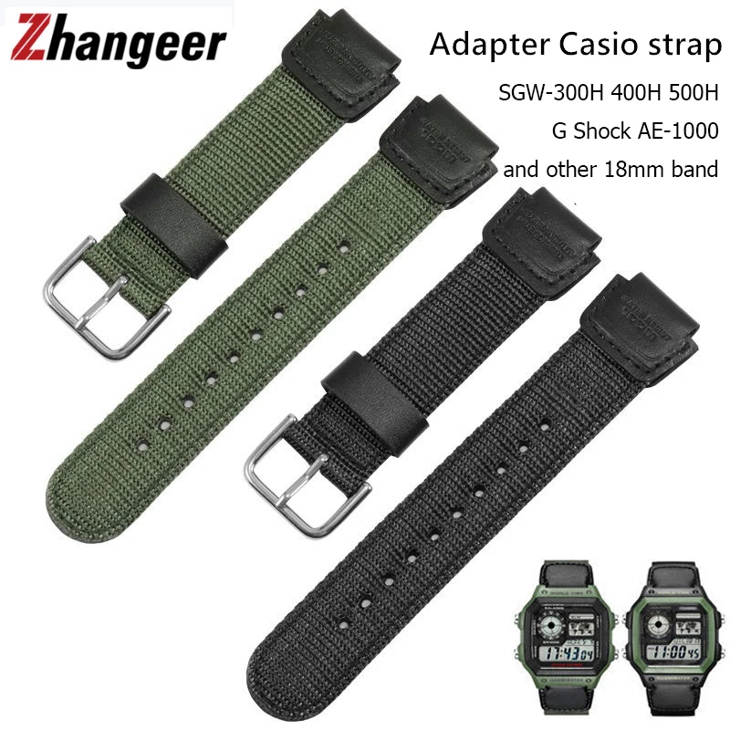 18mm Green Black Nylon Watch Band Strap Fit for Casio G Shock W-S200H W-800H W-216H W-735H F-108WH W-215 AEQ-110W /SGW-300H/400H