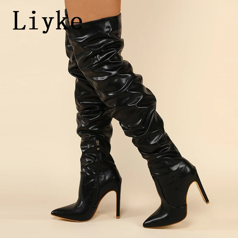 Liyke Fashion Design Pleated Leather Over The Knee Boots Sexy Pointed Toe Zip White High Heels Autumn Winter Women Shoes