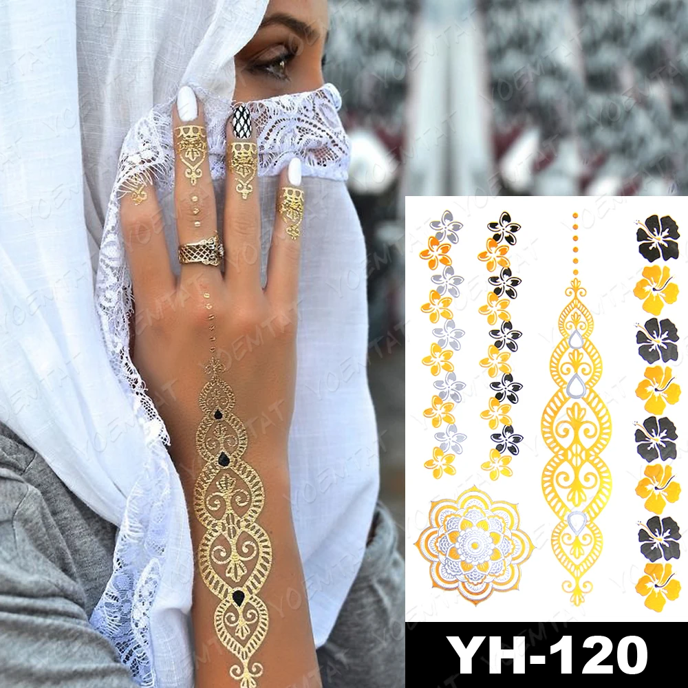 Wholesale Waterproof Temporary Tattoo Sticker Flowers Mandala Henna Gold Silver Metallic Flash Tatoo Boho Lotus Glitter Body Art