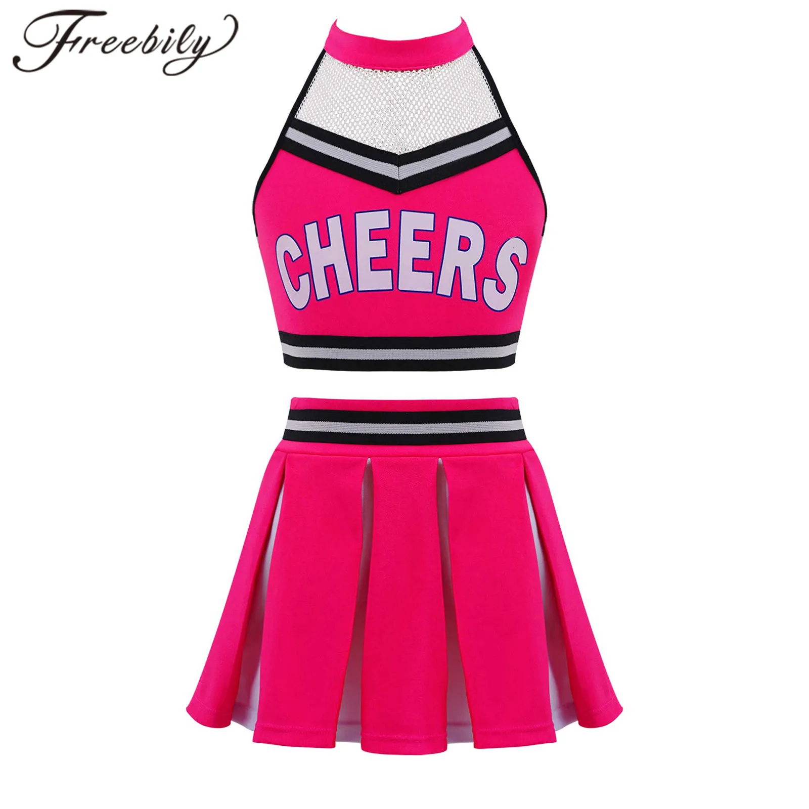 

Kids Cheerleading Costume Set Crop Top + Pleated Skirt Cheers Dancing Suit Girls Dancewear for Competition Cheerlead Uniforms