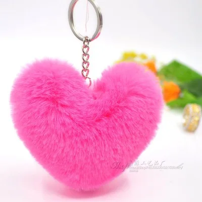 Fluffy pompom Keychain Gifts for Women Soft Heart Shape Pompon Fake Rabbit Key Chain Ball Car Bag Accessories Key Ring