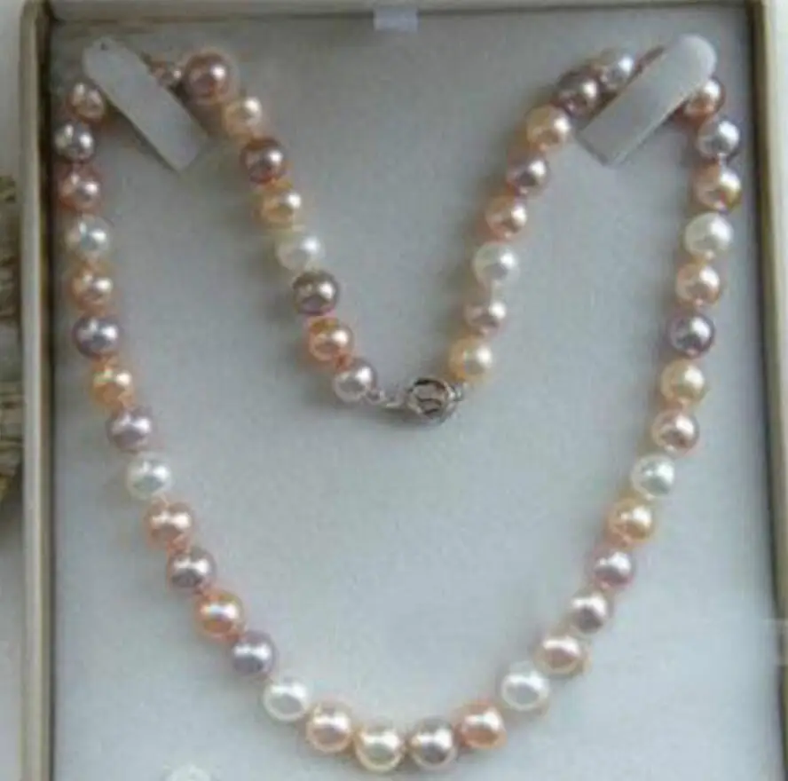 Free shipping  7-8mm Genuine Natural White & Pink & Purple Akoya Cultured Pearl Necklace 17