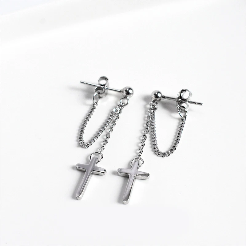 Fashion Silver Color Tiny Cross Stud Earring For Women Cute Girls Tassel Chain Earing Female Jesus Jewelry Party Christian Gift