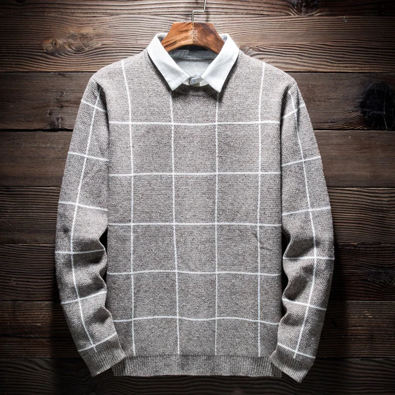 

MRMT 2024 Brand Autumn and Winter New Fake Two Men's Sweater Slim Pullover for Male Shirt Collar Plaid Shirt Sweater