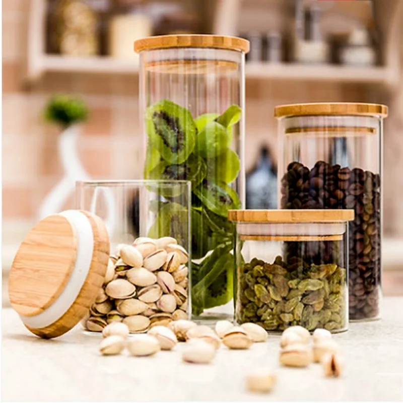 800ml-2000ml Glass Food Sealed Jar Box Bamboo Lid To Contain Bottle Seasoning Noodles Powder Can Tea Can Food Storage Container