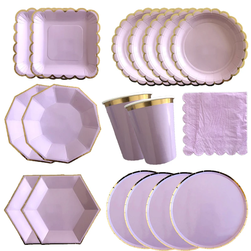 Purple Gold Disposable Tableware Purple Party Paper Cups Plates Baby Shower Kids Birthday Party Supplies Carnival Wedding Decor