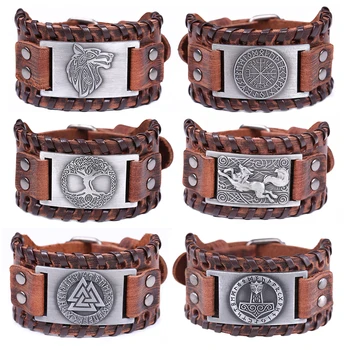 Skyrim Talismán pulsera de cuero genuino hombres brújula Árbol de la vida Valknut cabeza de lobo encanto pulsera masculina pulseras de amuleto